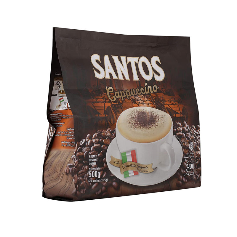 Santos Cappuccino Premix Instant Coffee 3-in-1 with Chocolate Granule Made of Cocoa Powder and Palm Sugar - Net Weight 500g (20 Sachets x 25g)