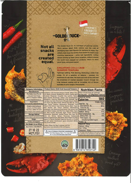 The back packaging of the Golden Duck Singapore Chili Crab Seaweed Tempura nutrition facts, ingredients, and brand story is shown in the packaging. 