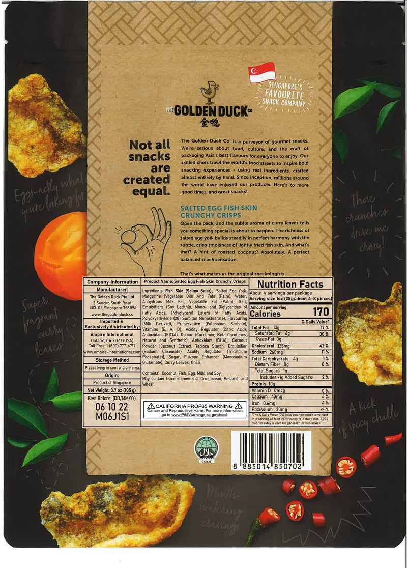 The back packaging of the Golden Duck Salted Egg Fish Skin 105 gr. Nutrition Facts, Ingredients list, and product descriptions are listed in the back packaging