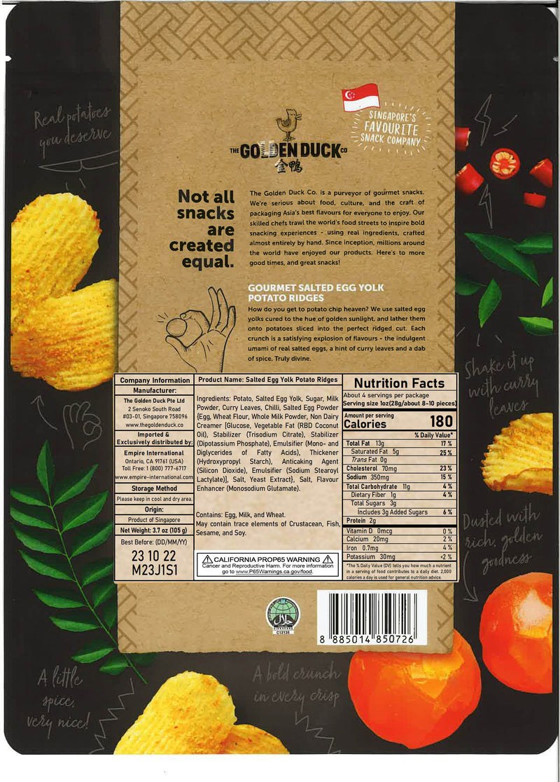 The back packaging of the Golden Duck Salted Egg Potato Ridges. Nutrition Facts, Ingredients, and brand story are listed in the image. 