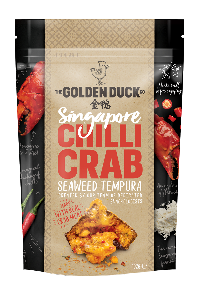 A bag of The Golden Duck Singapore Chili Crab Seaweed Tempura 102 gr bag. An image of crumbly crunchy Seaweed Tempura and a duck logo are pictured in the front bag.