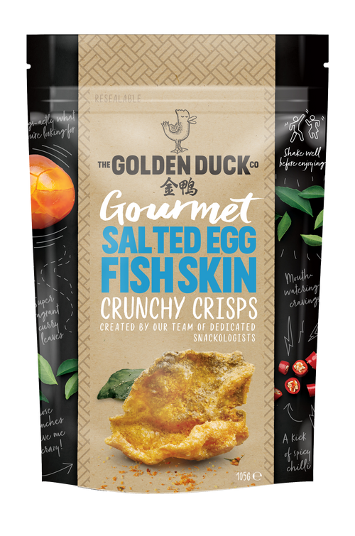 A bag of Golden Duck Gourmet Salted Egg Fish Skin Crunchy Crisps. A piece of Fish Skin snack is pictured in the bag 105 gr.